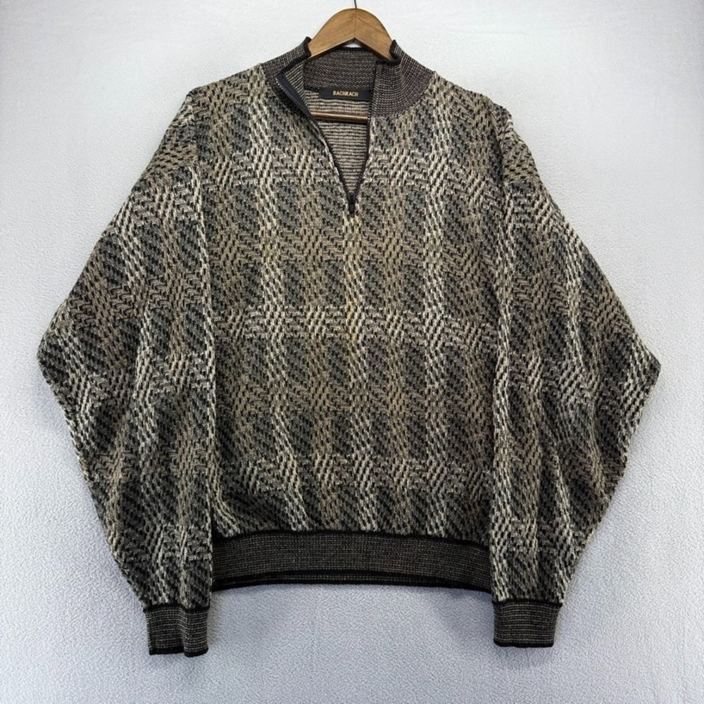 Vintage Bachrach Sweater Men's XL Green Black Earth Tones Textured Quarter Zip